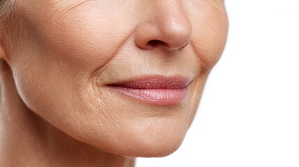 Obraz premium 50s middle aged old woman looking at camera isolated on white background advertising dry skin care treatment anti age skincare beauty plastic surgery cosmetology procedures close up half face view no