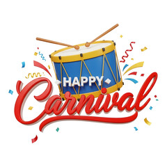 Happy carnival with drum and confetti isolated on transparent background