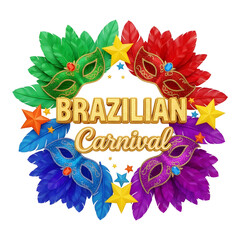 Brazilian carnival masks with feathers isolated on transparent background