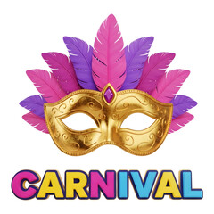 Golden carnival mask with feathers isolated on transparent background