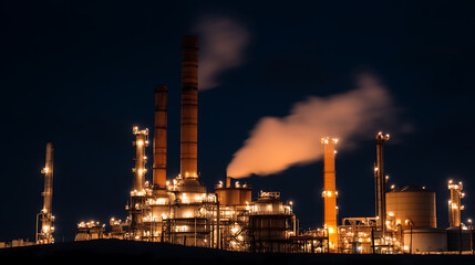 Fototapeta premium Illuminated industrial complex, silhouetted against the night sky, emits vapor. Towers and structures glow under bright lights, illustrating industry at night.