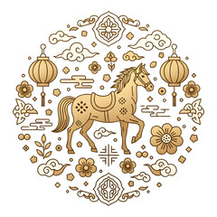 Golden horse with chinese lanterns and clouds isolated on transparent background