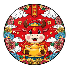Cartoon ox holding gold ingot isolated on transparent background for chinese new year