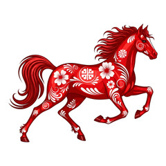 Red horse with floral pattern isolated on transparent background for chinese new year