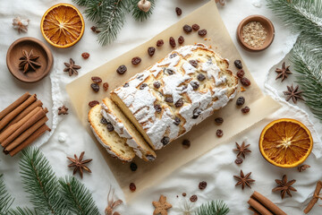 Stollen fruit bread, a traditional German Christmas sweet, presenting slices with raisins and powdered sugar, surrounded by festive spices and pine branches on a white fabric