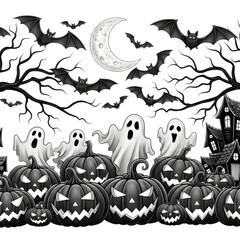 Spooky halloween scene with pumpkins, ghosts and bats on transparent background