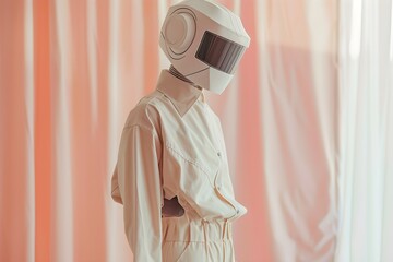 Futuristic Fashion Editorial Lookbook Featuring Humanoid Robot Model with Matte Pastel Surfaces – Elegant Modern Outfits in Ivory, Beige, Mint, and Coral Tones