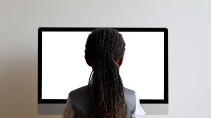 african teen school girl student virtual distance learning online classes looking at mock up white blank empty computer mockup monitor screen remote digital elearning at home back over shoulder view 