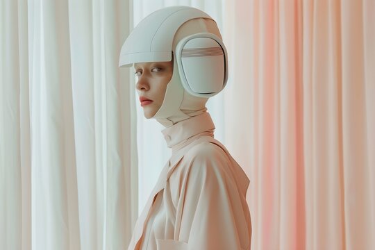 Futuristic Fashion Editorial Lookbook Featuring Humanoid Robot Model with Matte Pastel Surfaces &ndash; Elegant Modern Outfits in Ivory, Beige, Mint, and Coral Tones