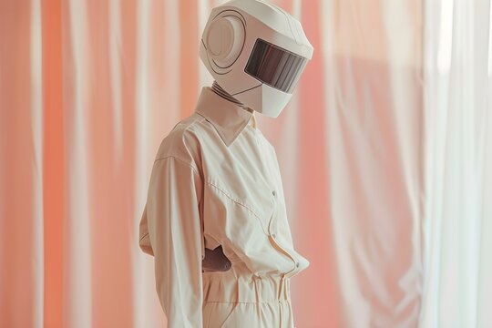 Futuristic Fashion Editorial Lookbook Featuring Humanoid Robot Model with Matte Pastel Surfaces &ndash; Elegant Modern Outfits in Ivory, Beige, Mint, and Coral Tones
