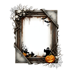 Spooky halloween frame with skulls, ghosts, pumpkins isolated on transparent background