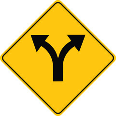 yellow fork road warning sign diamond shape traffic junction split path directional symbol two way arrows