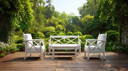 classy furniture on wooden terrace in green beautiful garden no logos no brands ar 169