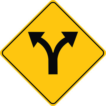 yellow fork road warning sign diamond shape traffic junction split path directional symbol two way arrows