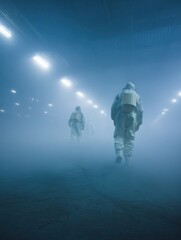 Fototapeta premium workers in protective suits navigate a foggy industrial space emphasizing safety and hazardous material handling