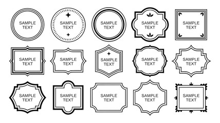 Collection of Black and White Decorative Circular and Shaped Labels with Sample Text vector illustration