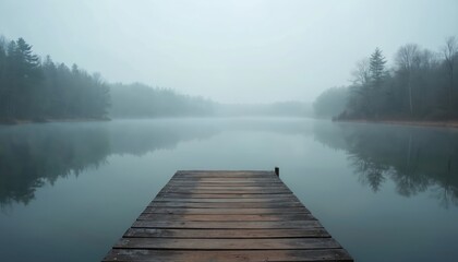 Wooden dock extends into calm lake with thick mist. Pine, bare trees line foggy shore, reflected in still water. Serene natural landscape offers peace, quiet, relaxation. Tranquil, secluded outdoor