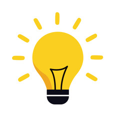 Stylized Yellow Lightbulb with Radiating Light Rays, Black Base and Filament