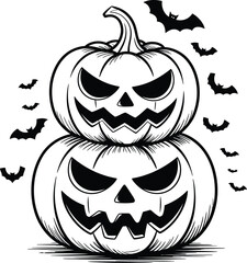 Spooky stacked jack o lanterns with flying bats on a white background for halloween