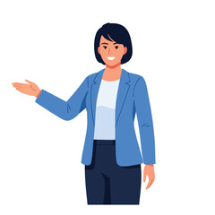 Smiling businesswoman in blue blazer presenting with open hand gesture