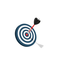 Dart hitting the center of a blue and white target with a shadow.