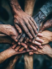 view from above of a group of diverse hands stacked together in a gesture of unity and teamwork