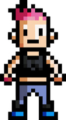 Fototapeta premium Retro game character, an 8 bit pixel art drawing of a small human figure with a pink cap. Simple punk sprite with a minimalist design, ready for old school video game themes or digital art.