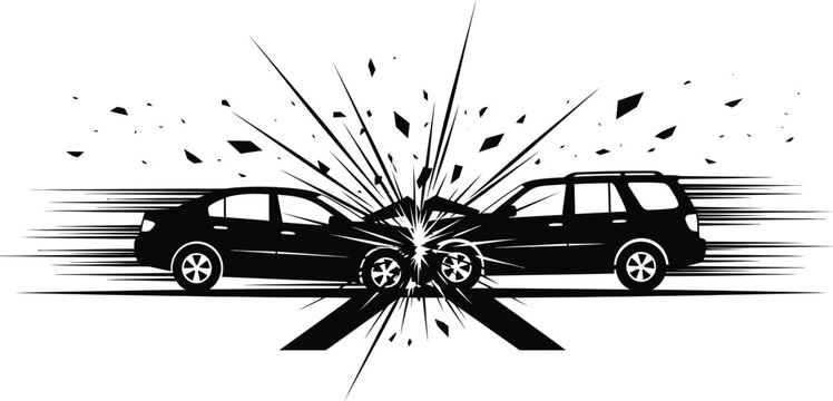 Car crash collision with shattered glass isolated on white background, depicting accident, damage, and danger in a vector illustration