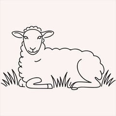 A simple black and white line art illustration of a cute lamb resting peacefully in the grass