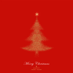 Greeting card with gold glitter Christmas  tree on red background. Vector illustration. Gold pattern