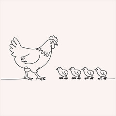 A mother hen leading her four little chicks in a single line drawing, illustrating family and guidance