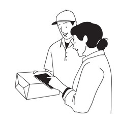 Courier delivering package to customer. Vector illustration