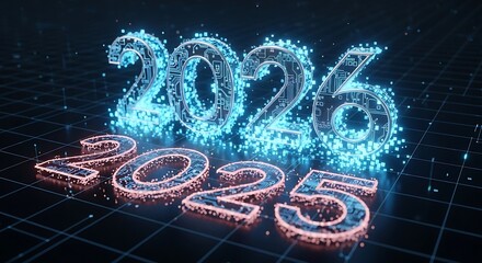 The year 2026 is displayed in blue digital numbers above the year 2025 in red on a dark grid background, representing the coming year