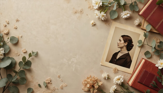 Photo shows old woman portrait, books, flowers. Vintage style image celebrates woman history month. Beige neutral color palette creates elegant minimalist design with copy space. Useful for magazine - Powered by Adobe