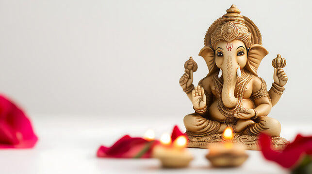 An exquisite statue of Ganesha, the Hindu god of beginnings, is presented on a pristine white surface, amidst the warm glow of candles and delicate flower petals. - Powered by Adobe