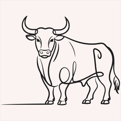 Artistic Line Drawing of a Powerful Bull Standing Proudly on a White Background