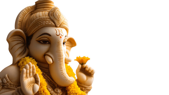 Ganesha: Ivory idol adorned with marigold garland. Peaceful elephant-headed deity holding a delicate yellow flower, radiating blessings and divine grace. Serene symbol.
