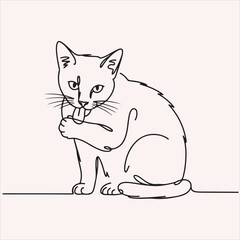 Minimalist Line Art of a Cat Grooming Itself with Tongue Out, Simple and Elegant