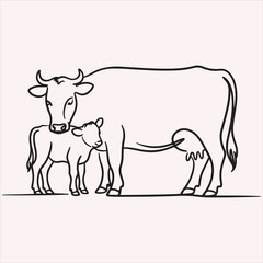 Minimalist black and white outline of a dairy cow standing beside her young calf, symbolizing nature and farm bond © Team RAS