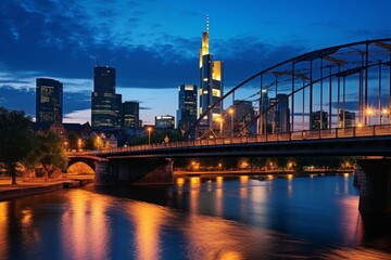 Fototapeta premium Frankfurt city skyline reflecting on main river at blue hour with illuminated bridge and modern skyscrapers