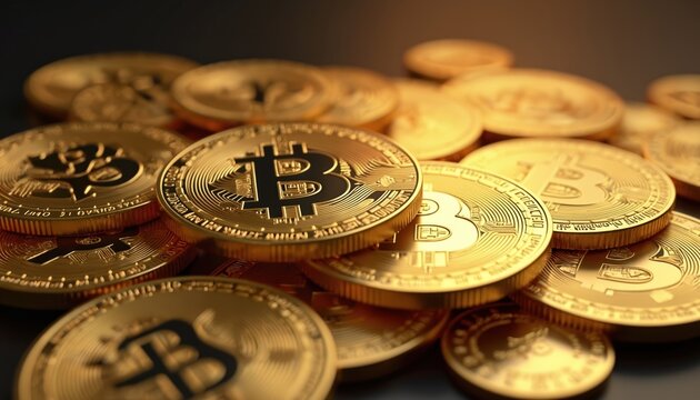 Pile of shiny gold bitcoins closeup on dark background. Digital cryptocurrency concept future monetary tech investment. Modern finance business payments on global network. Crypto coin mining
