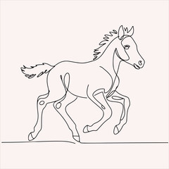 Continuous line drawing of a playful horse running with a flowing mane and tail
