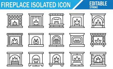Home heating icon set — fireplace line art with editable stroke