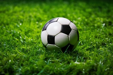 Fototapeta premium Soccer ball lying on a vibrant green grass field, ready for a game