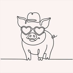 Playful minimalist artwork of a charming pig adorned with a stylish cowboy hat and cute heart sunglasses, a modern animal character design