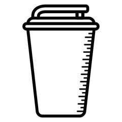 Black and white vector icons of beverage cups with lids and measurement markings, symbolizing coffee, tea, smoothie, or takeaway drink containers. Minimal line art design isolated on white background.