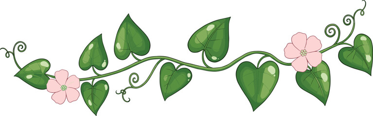 Beautiful vine illustration with heart-shaped green leaves, delicate pink flowers, and curling tendrils, perfect vector element for nature, organic design, decoration, and spring projects. © Shihab Creative