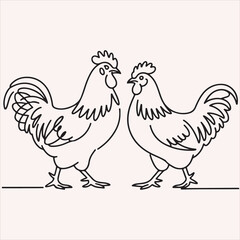 A minimalist continuous single line drawing of a rooster and hen standing together
