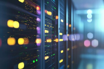 Naklejka premium Futuristic IT data center with vibrant yellow and blue lights, ideal for illustrating cloud technology, AI processing, cybersecurity, and digital infrastructure innovation