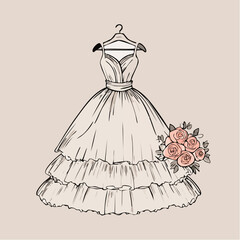 elegant ruffled-tier bridal gown on hanger with pink rose bouquet and soft beige backdrop; for wedding planning articles, bridal trend features, and lookbooks.